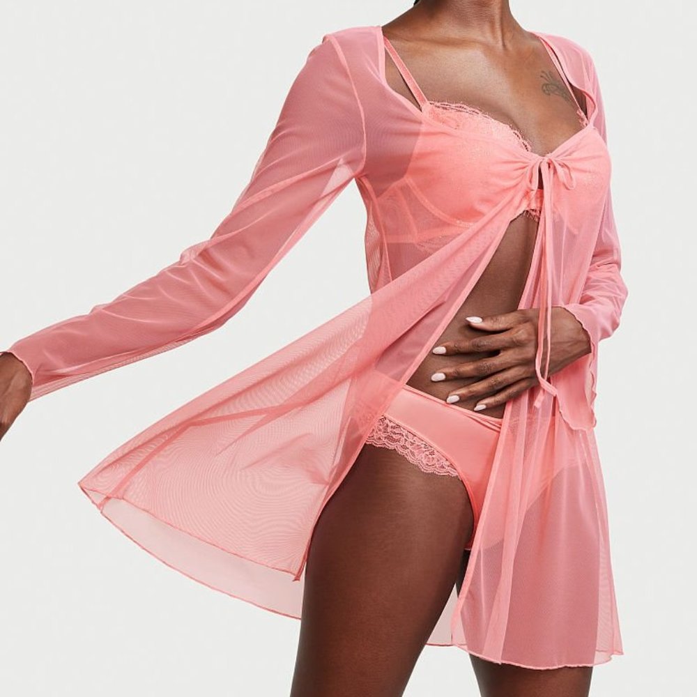2 Piece Set! VS Large Mesh Open-Front Robe and Bikini Panty Pink Cocktail NWT